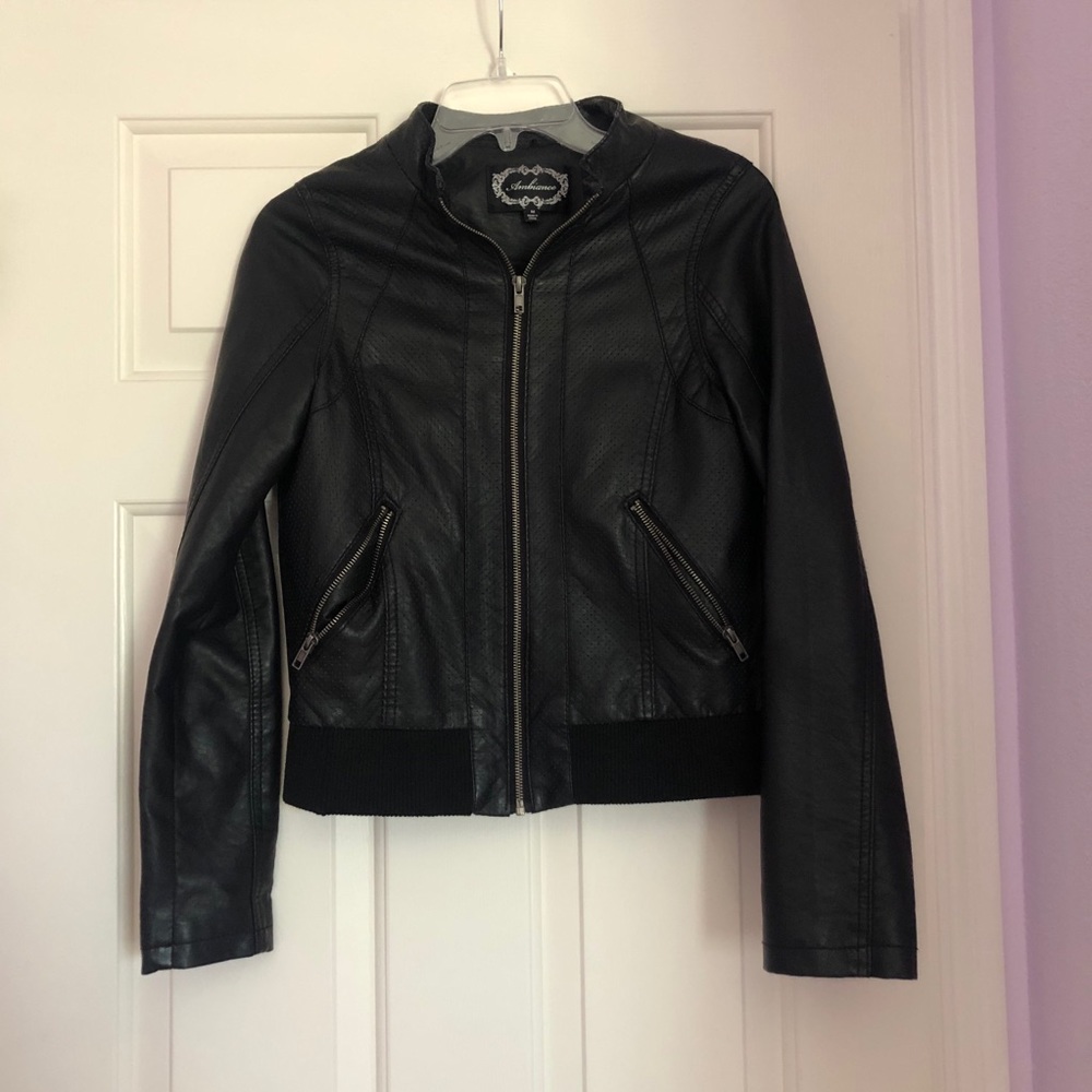 black faux leather bomber